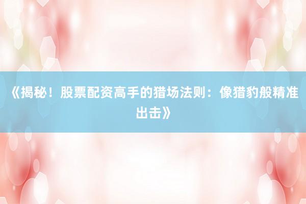 《揭秘！股票配资高手的猎场法则：像猎豹般精准出击》